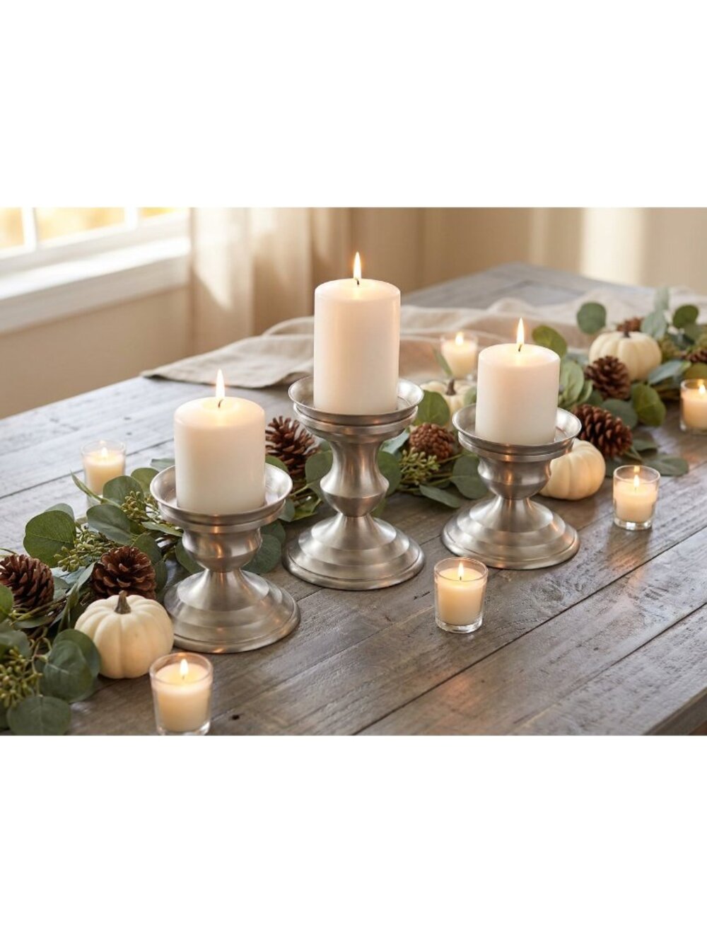 Brushed Silver Pedestal Candle Holders Set of 3 Modern Farmhouse Decor
